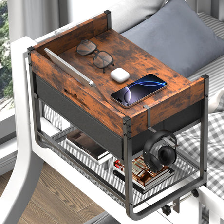 Housolution 2 Tier Bedside Shelf for Top Bunk & Loft Beds, Bunk Bed Shelf with Fabric Drawer, Tablet Slot,Clip on Nightstand for College Dorm Rooms, Small Apartments, Bedrooms with Limited Space Housolution