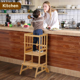 COSYLAND Toddler Standing Tower - Adjustable Height Toddler Kitchen Stool Helper - Kids Kitchen Step Stool for Learning with Removable Safety Railing Natural COSYLAND