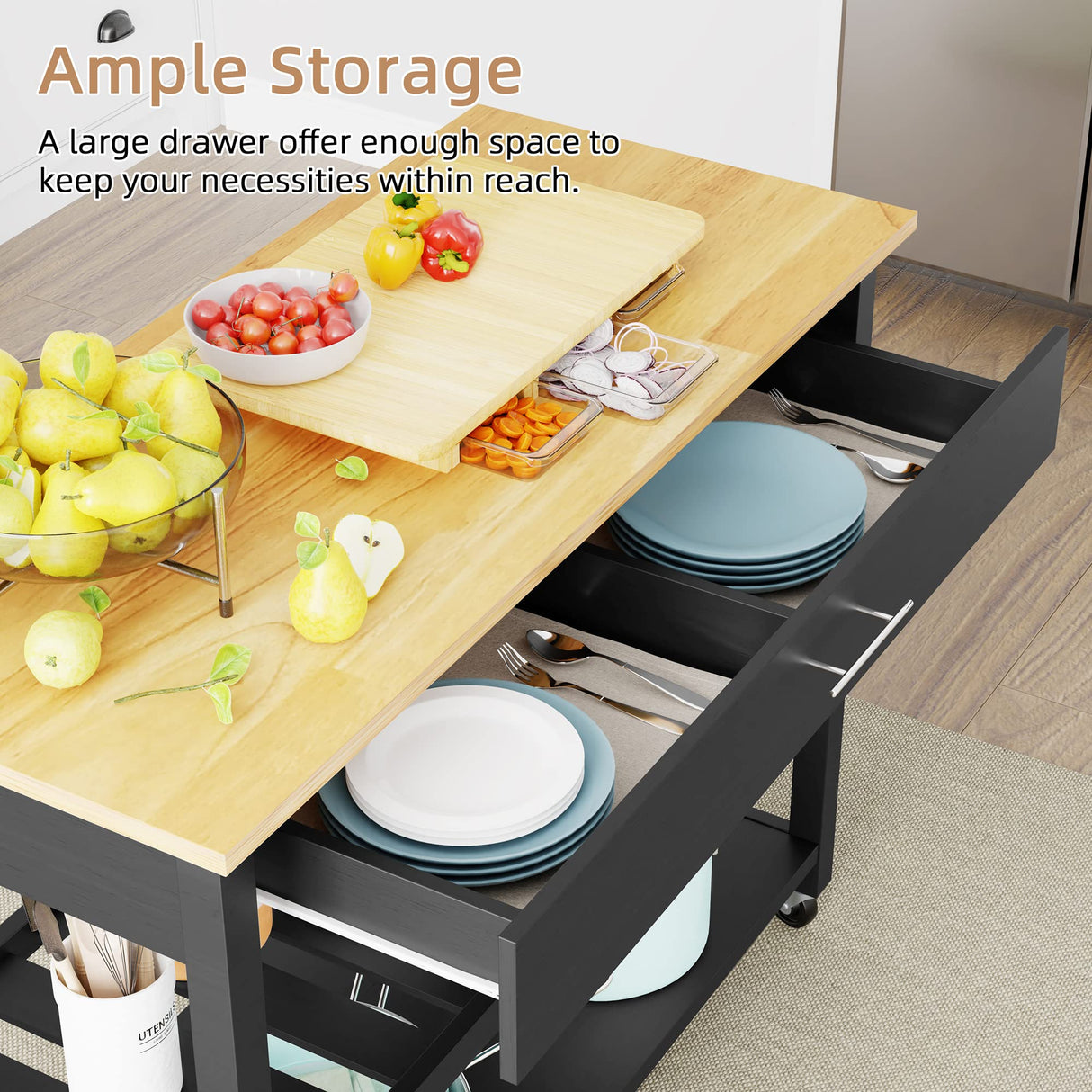 Shintenchi Kitchen Island Cart with Storage,Rolling Kitchen Island Side Table on Wheels with Large Worktop,Storage Cabinet,Towel Rack,Drawers and Open Shelves for Kitchen,Dinning Room,Black Shintenchi