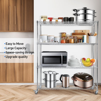 Rengue Wire Shelving with Wheels, 60"x 24"x72" Metal Storage Shelves, 4-Tier Heavy Duty Garage Storage Shelves, Chrome 2400LBS Capacity Wire Shelf Rack for Restaurant, Garage, Pantry, Kitchen