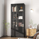 Mhsatyrs Display Cabinet with Glass Doors: 79" Black Tall Bookcase with Cabinet with 2 Doors and 3 Color Lights，Curio Bookshelf with Glass Door and 3 Drawers(Black) Mhsatyrs