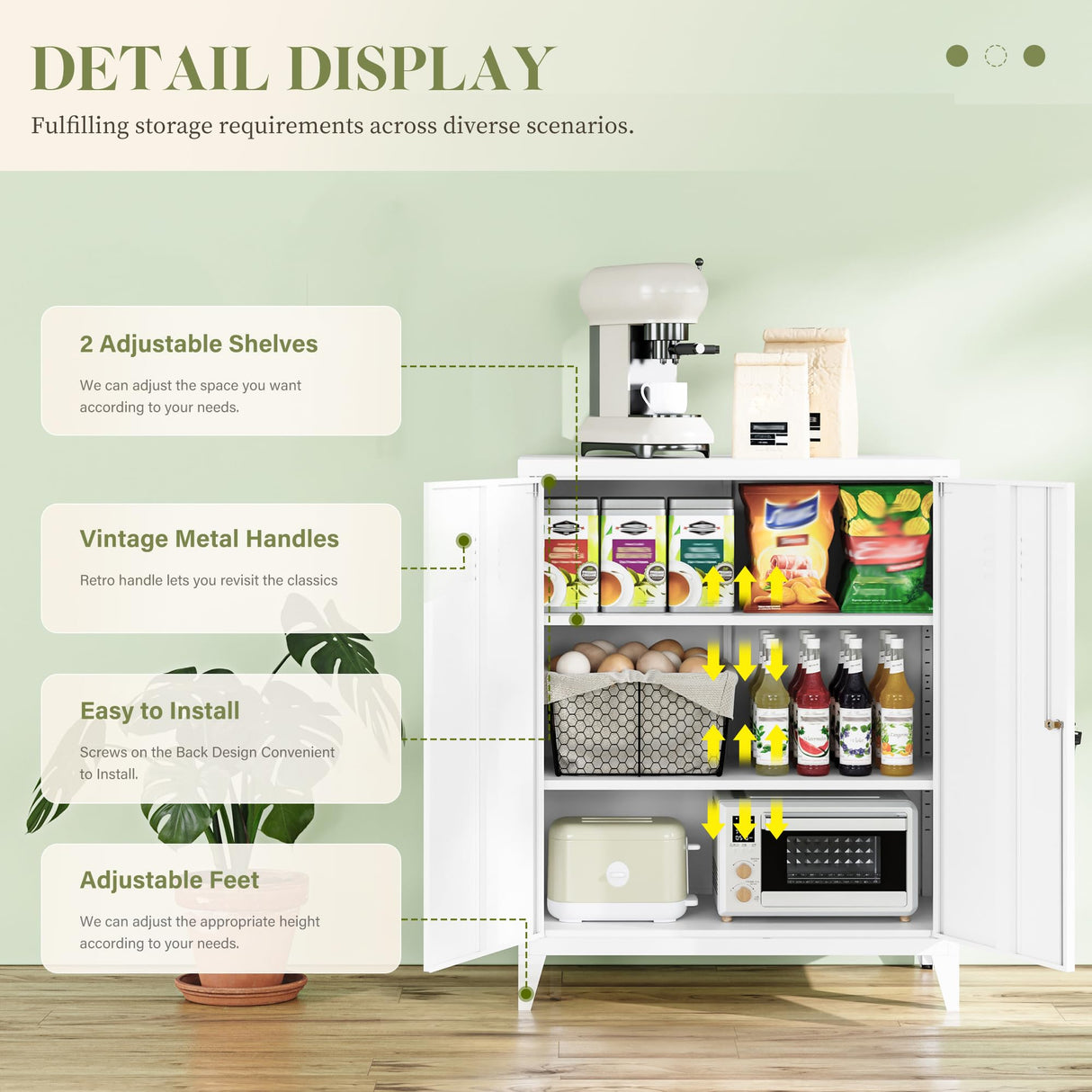 RAVIGIN Metal Storage Cabinet with Locking Feature, 2 Adjustable Shelves, 40" Small Cabinet for Home Office, School, Kitchen, Garage, Gym (White) RAVIGIN