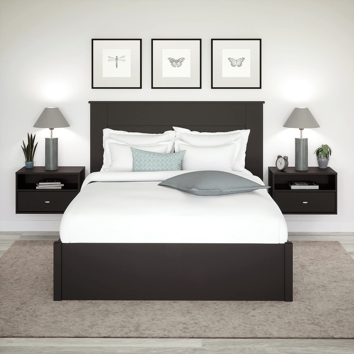 Prepac Floating Shelf Side Table with Drawer and Brushed Brass Knobs, Modern Floating Nightstand 15" D x 22.5" W x 14.5" H, Black, BRBW-1402-2M Prepac