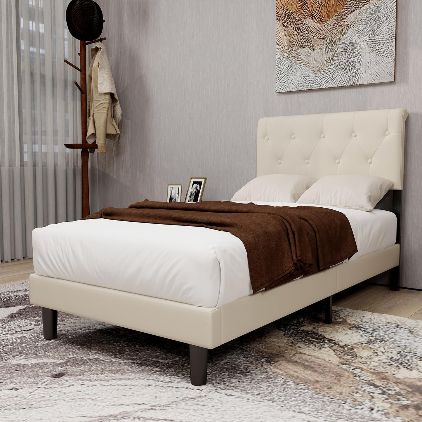 alazyhome Upholstered Platform Twin Size Bed Frame with Adjustable Button Tufting Headboard Wooden Slats Support No Noise Easy Assembly Beige Velvet