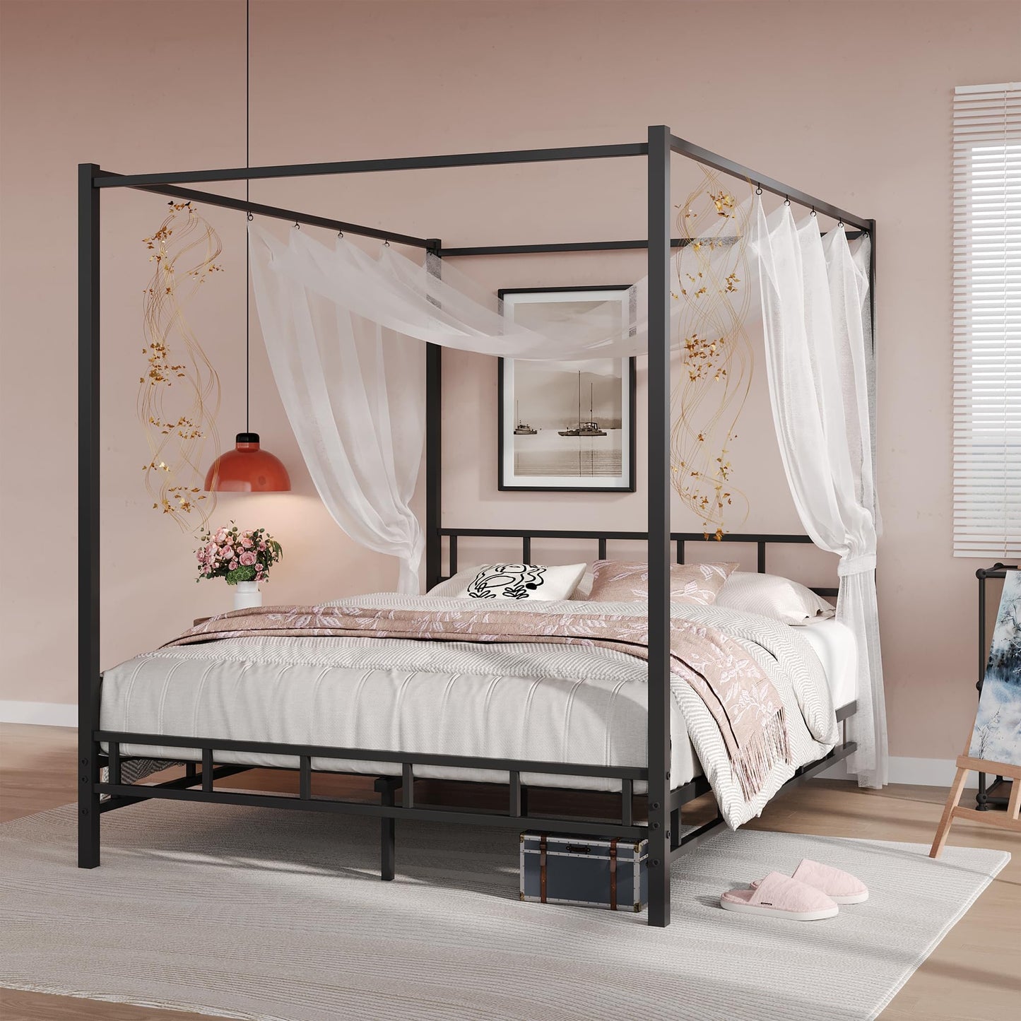 Queen Canopy Bed Frame with Headboard and Footboard, Mattress Foundation Platform with Metal Slats Support, No Box Spring Needed, Easy Assembly, Black