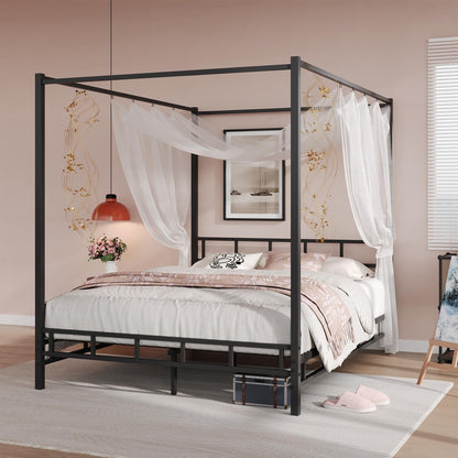 Queen Canopy Bed Frame with Headboard and Footboard, Mattress Foundation Platform with Metal Slats Support, No Box Spring Needed, Easy Assembly, Black