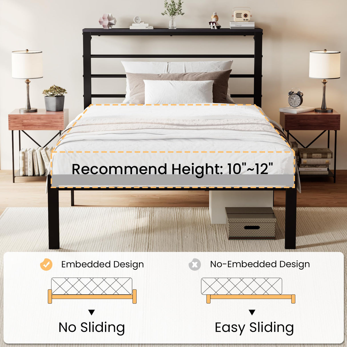 SHA CERLIN Heavy Duty Twin Bed Frame with Practical Headboard Shelf and Strong Metal Support SHA CERLIN