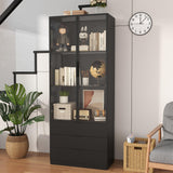 Vrmuxita Display Cabinet with Glass Doors: 79" Black Lighted Display Cabinet with 3 Drawers, Tall Bookcase with 2 Doors, Glass Door Bookcase for Living Room (Black) Vrmuxita