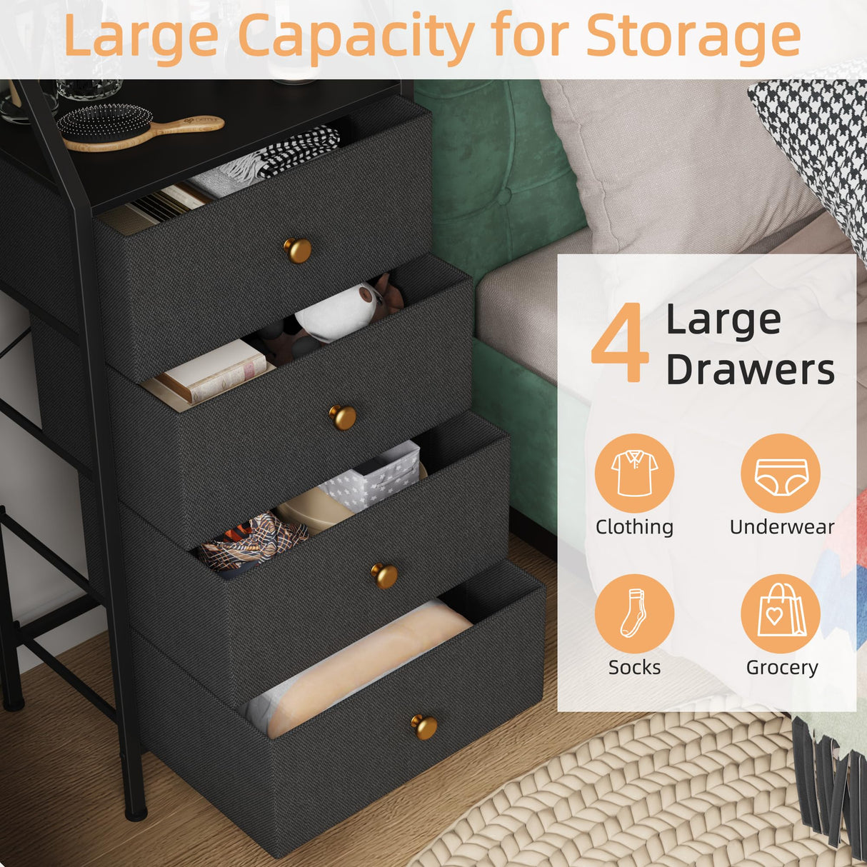 HIGDBFE Dresser with Mirror, 4 Drawers Dresser with 2-Tier Shelves, Freestanding Fabric Chest of Drawers for Small Space, Tall Narrow Nightstand Vanity for Bedroom, Hallway, Dorm, Black, 15.3" W HIGDBFE