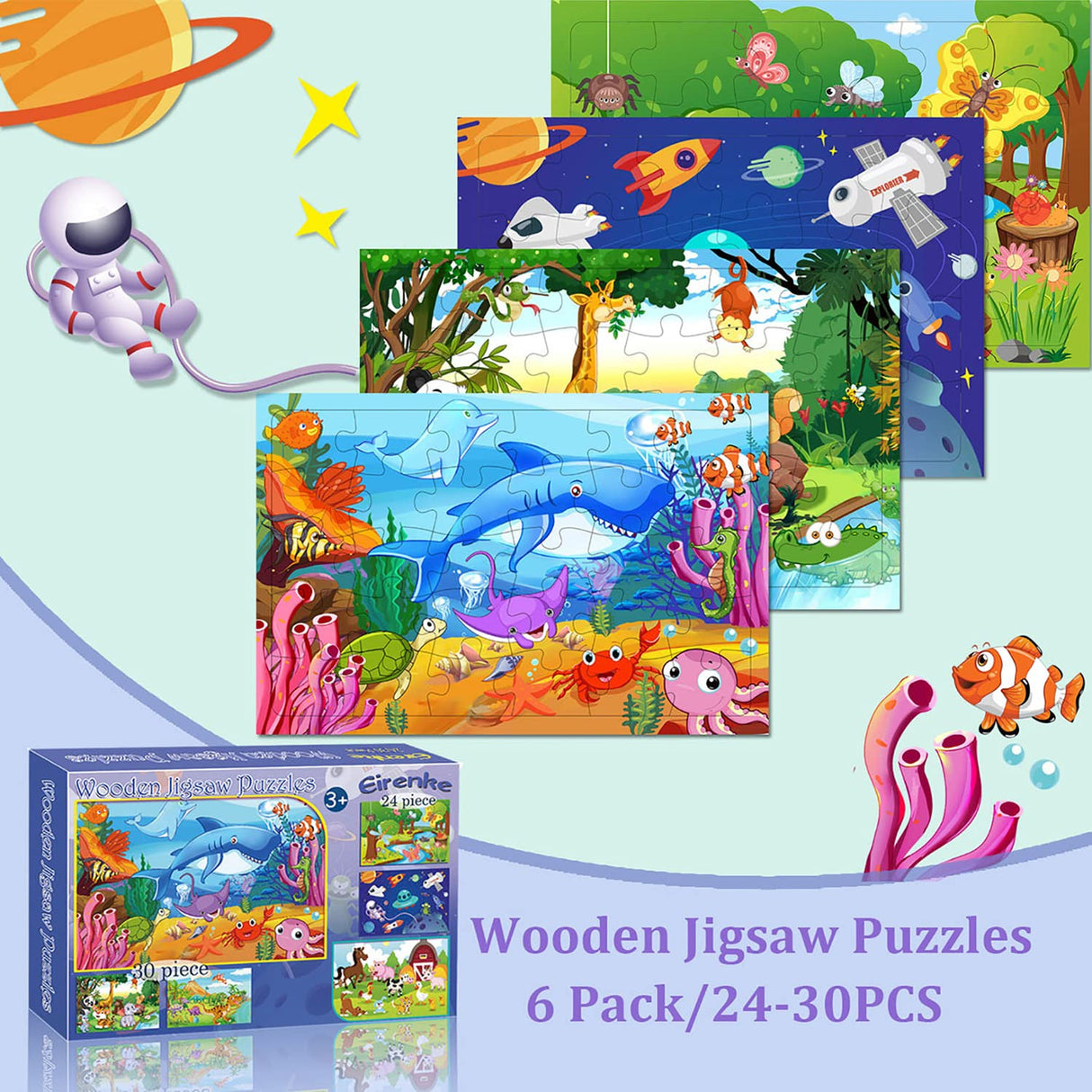 Puzzles for Kids Ages 3-5, Wooden Jigsaw Puzzles 24-30 Pieces for Toddler Children Learning Educational Puzzles 3 4 5 6 Year Toys for Boys and Girls (6 Puzzles) Eirenke