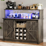 4ever2buy Farmhouse Coffee Bar with LED Lights, 47 inch Coffee Bar Cabinet with Storage, Wine Bar Cabinet with Glass & Wine Racks for Living, Dining Room, Grey 4ever2buy