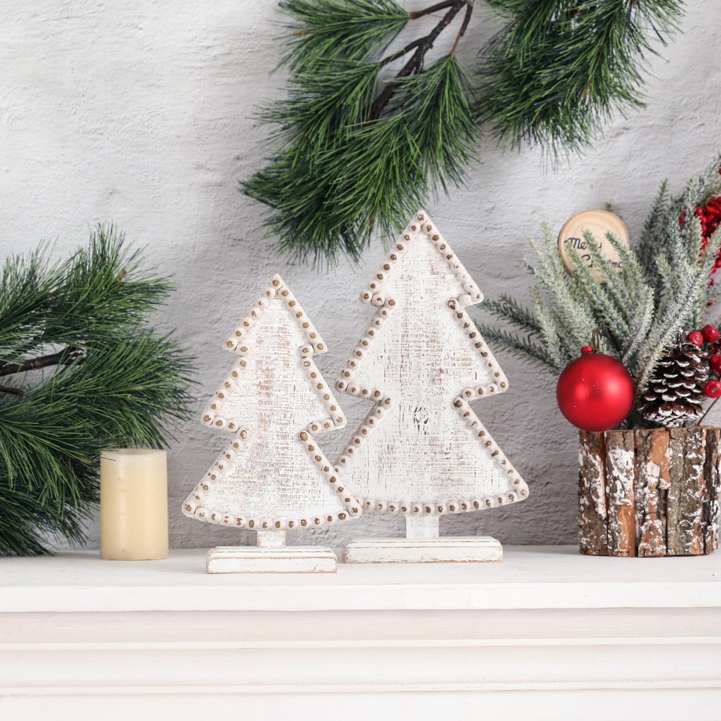 BAYSBAI Wooden Christmas Trees Tabletop Decoration Set of 2,Rustic Beaded Christmas Centerpieces for Tables,Shelf, Mantel,Office Desk,Small Xmas Trees Farmhouse Decor for Winter White