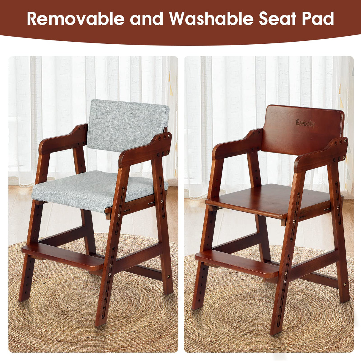 Ezebaby Wooden High Chair for Toddlers to Teens, Adjustable Kids Study Chair with Steps, Kids Dining Chair with Removable Cushion (Nut-Brown) Ezebaby