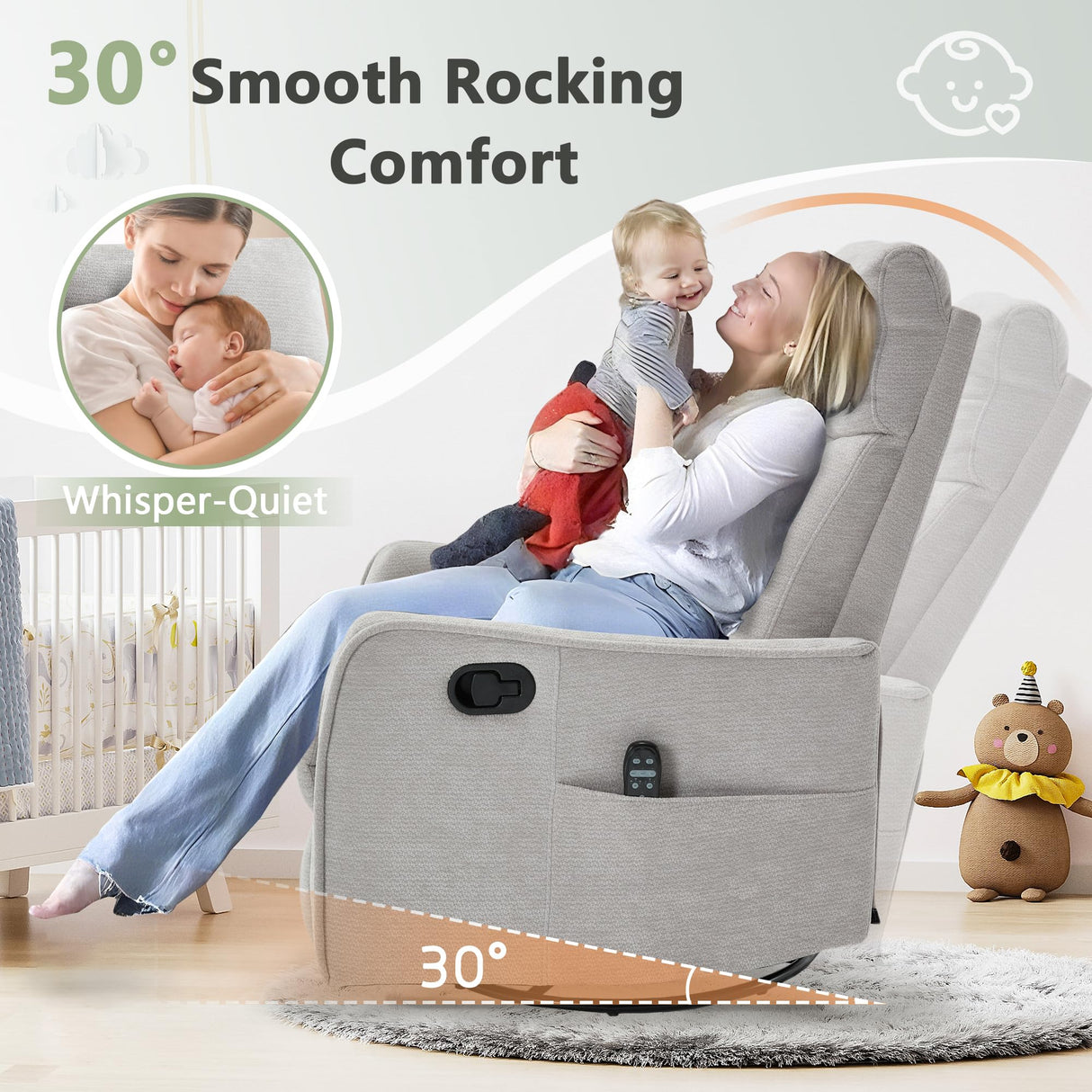 cinkehome Heated Massage Swivel Rocker Recliner Chair Nursery - Small Space Reclining Chair with Lumbar Support, 360° Swivel & Gentle Rocking, Ergonomic High Back Chenille Fabric Beige cinkehome