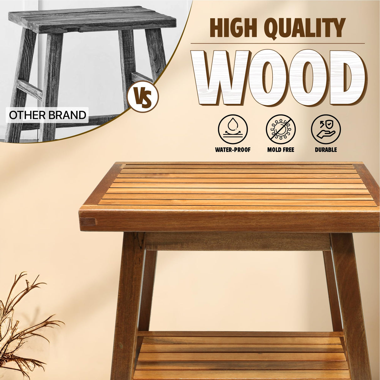 SENSUNIQ Corner Shower Stool 16 in, Brown Sturdy Shower Bench Seat with Storage Shelf - Leg Shaving, Sitting, Towels Holder, Step Foot Rest Shaving Stool - Easy Assemble SENSUNIQ