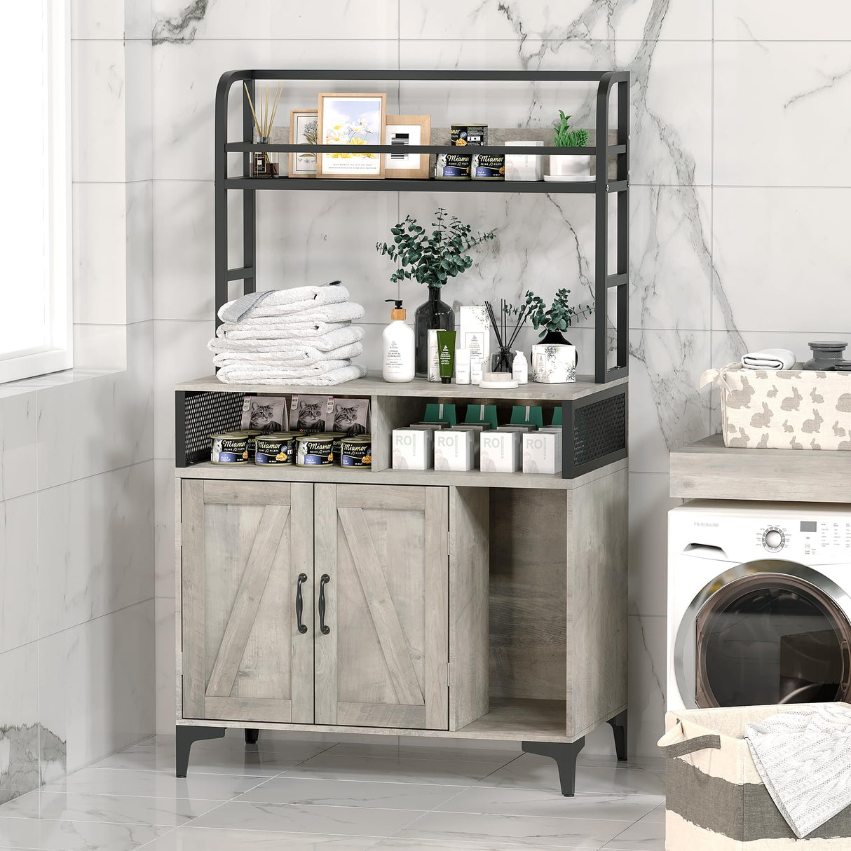 Garvee Cat Litter Box Enclosure,Hidden Litter Box Furniture with Open Shelf & Compartments, Metal Frame Indoor Cat House Furniture Cabinet for Most of Litter Box, Grey Garvee