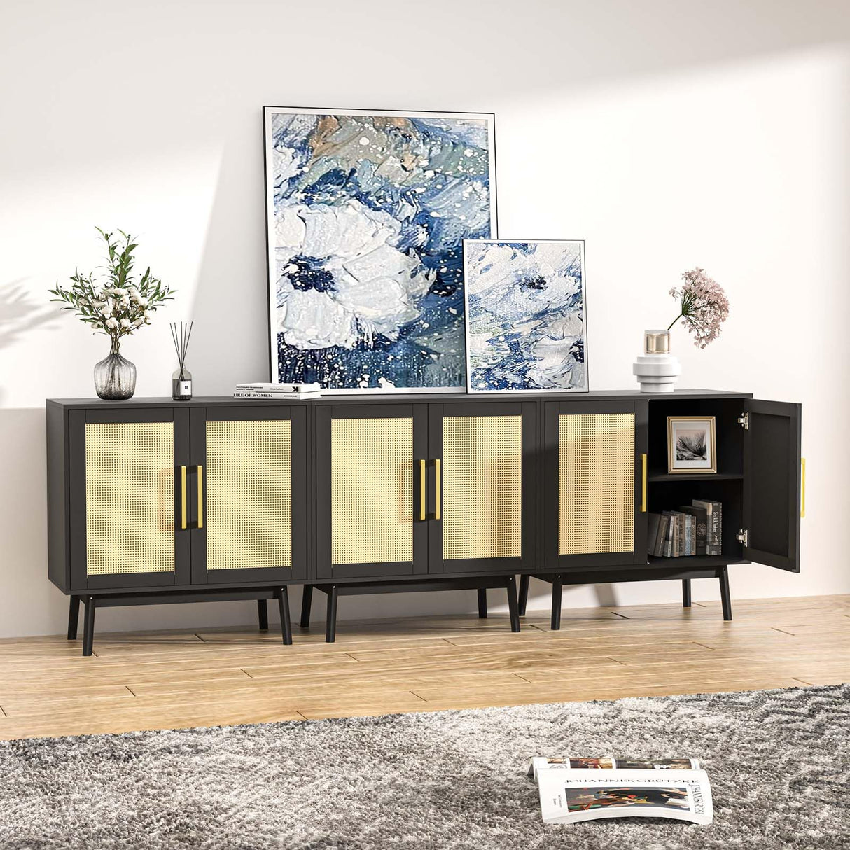 LYNSOM Sideboard Buffet Storage Cabinet, Long Buffet Cabinet with Rattan Decor Doors, Cupboard Console Table, 3 Pieces Wooden Sideboard Cabinet for Hallway, Entry, Living Room, Black LYNSOM