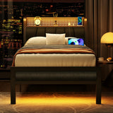Furnulem Twin Size Bed Frame with LED Lighting, Charging Station, and Upholstered Storage Headboard in Grey Furnulem