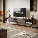 Bestier Mid Century Modern TV Stand for 85 inch tv, Entertainment Center with Storage and Sliding Doors, 2 in 1 Long TV Cabinet for Living Room, Ancona Walnut Bestier