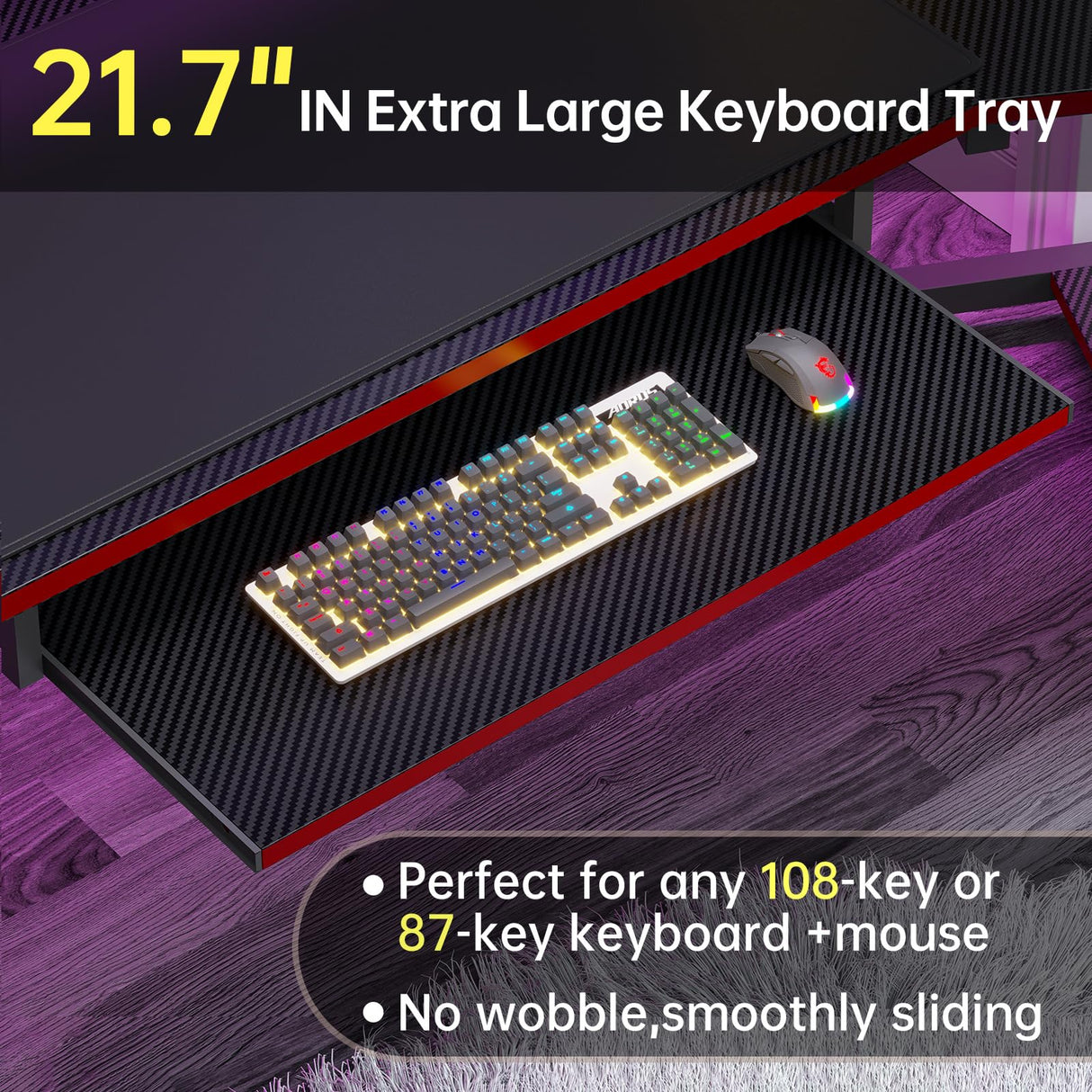 SEDETA 79" Gaming Desk, Computer Desk with 2 Fabric Drawers & LED Light, L Shaped Gaming Desk with Storage Shelf for Home Office, Carbon Fiber Black&Red SEDETA