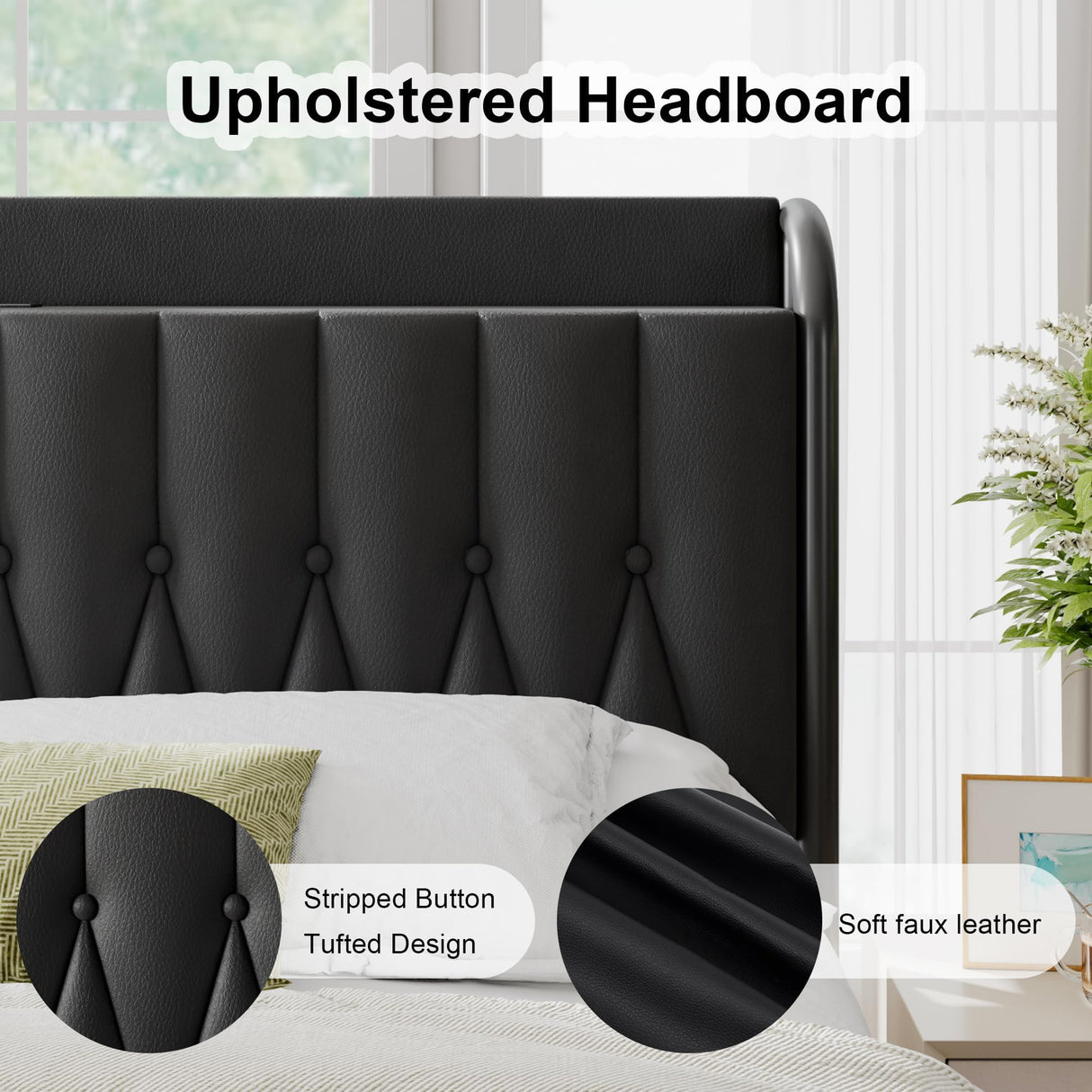 Leather King Size Bed Frame with Fast Charging Station,Metal Platform King Beds with Upholstered Headboard & Footboard,12" Underbed Storage Space, Easy Assembly,Noise-Free,Black Feonase