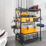 SOYEEZE Large Size Fishing Rod Holders for Garage, Heavy Duty 3-Tier Fishing Pole Rack Holds Up to 12 Rods, Fishing Gear Organizer with 2 Metal Baskets, Fishing Storage Cart with Lockable Wheels SOYEEZE