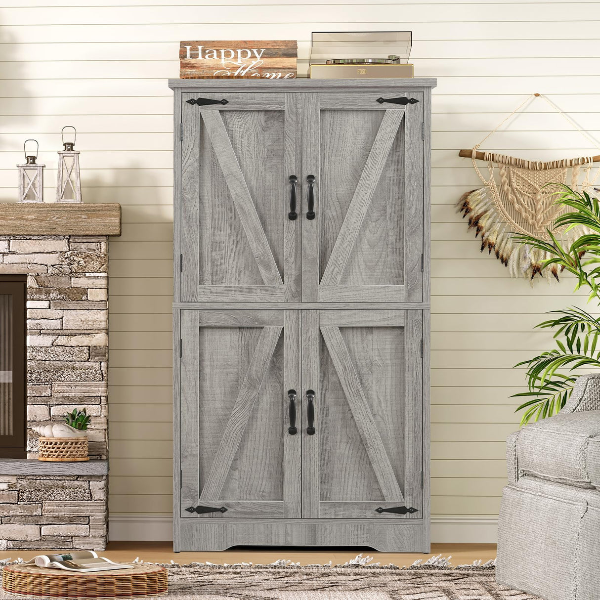 TEENFON Farmhouse Storage Cabinet with 2 Adjustable Shelves, Bathroom Cabinet with 4 Doors, Cupboard for Kitchen, Living Room, Rustic Gray TEENFON