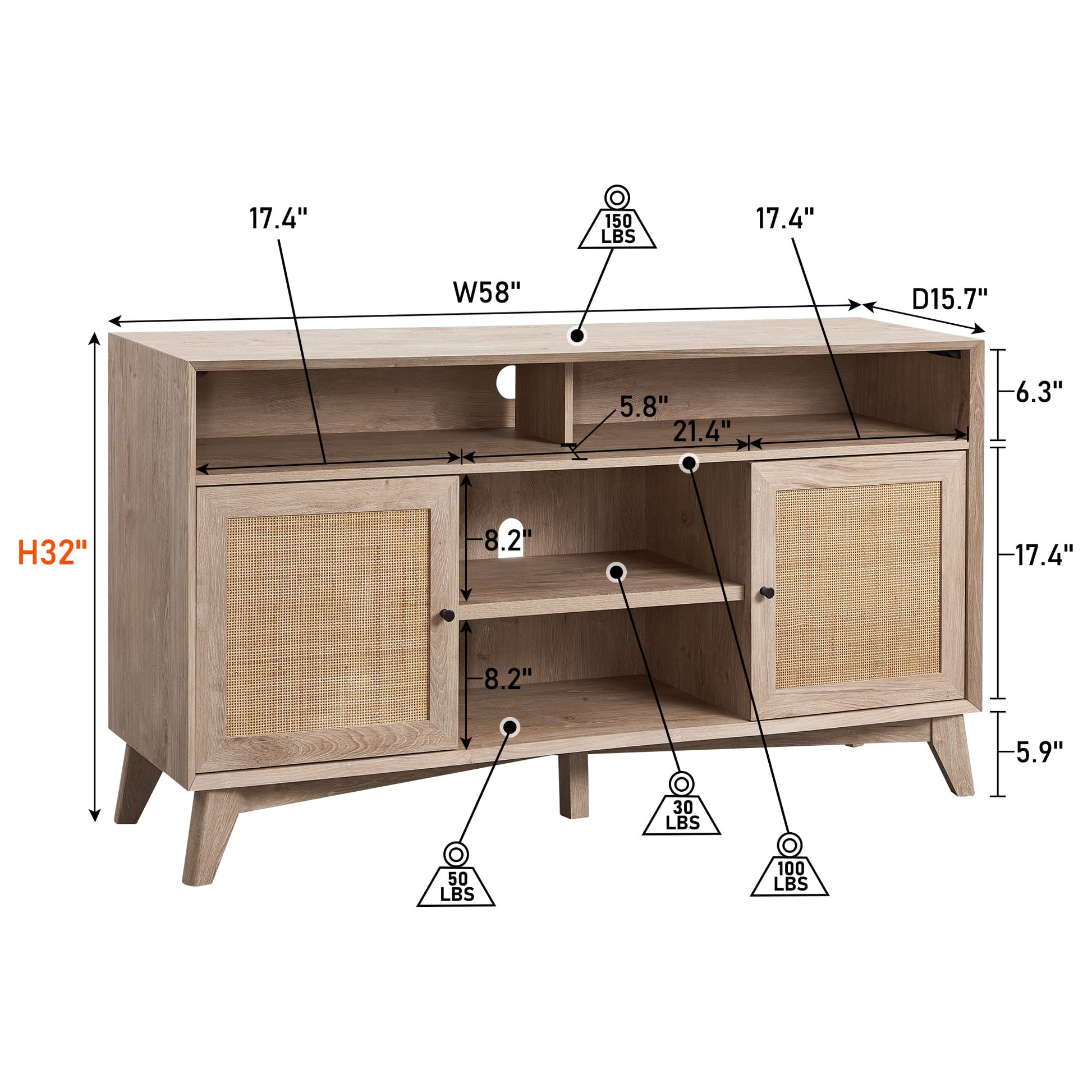 OKD TV Stand for 65+ Inch TV, 32'' Tall Highboy Entertainment Center, Mid Century Modern Media TV Console with Natural Rattan Door, Adjustable Shelves, Boho Television Stand, Oak - WoodArtSupply