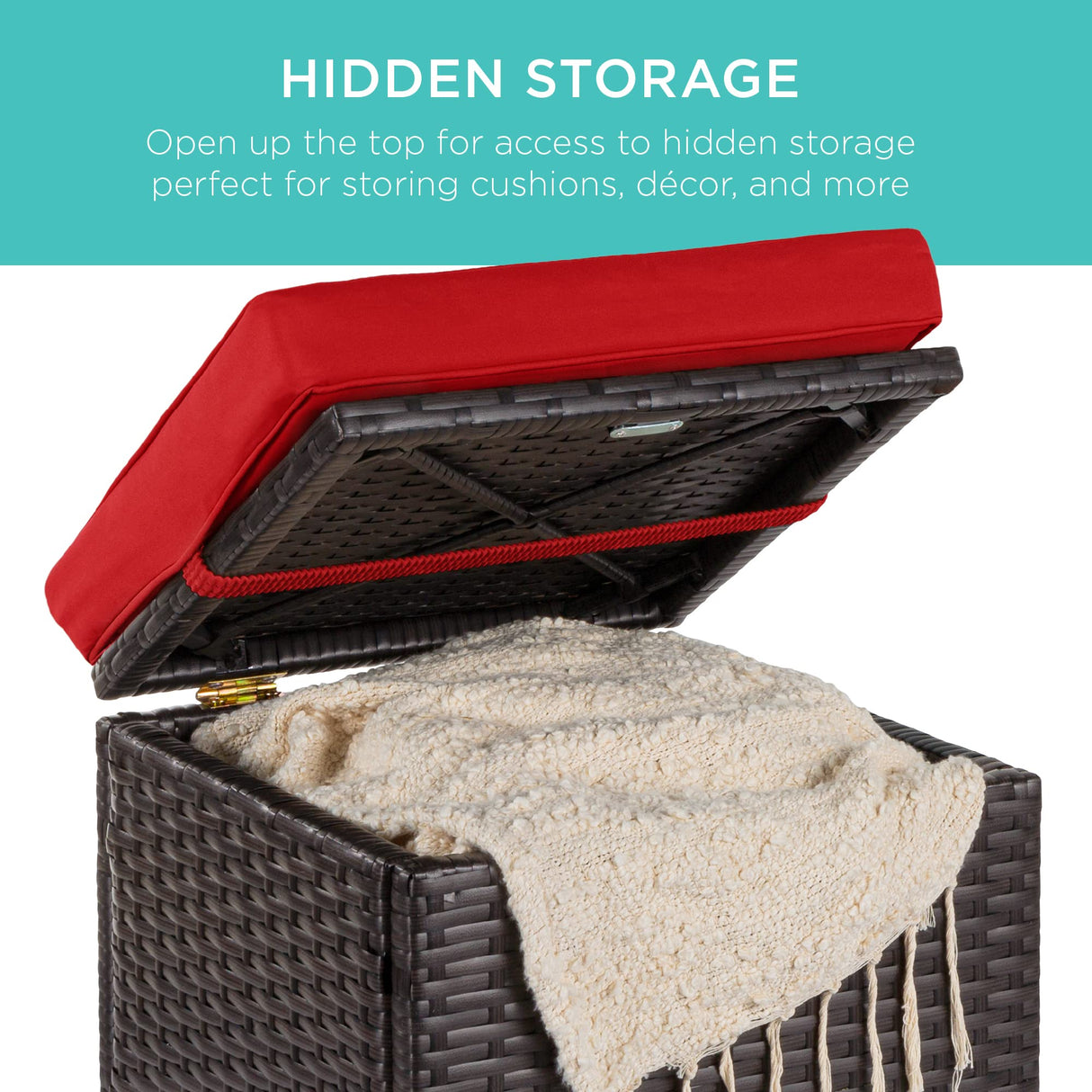 Best Choice Products Set of 2 Wicker Ottomans, Multipurpose Outdoor Furniture for Patio, Backyard, Additional Seating, Footrest, Side Table w/Storage, Removable Cushions - Red/Brown Best Choice Products