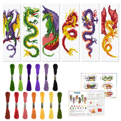 ORIGACH 6 Pcs Cross Stitch Bookmark Kit for Beginner Dragon Pattern Stamped Embroidery Stitch Kits for Starter DIY Bookmarks Printed Cross Stitch Kits with 13 Colors Embroidery Floss