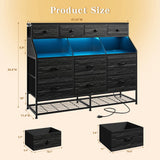 Dresser for Bedroom with 10 Drawers & Shoe Rack Fabric Dressers & Chests of Drawers with LED Lights and Power Outlets Bedroom Dresser for Entryway, Halfway, Closet (Charcoal Black) EnHomee