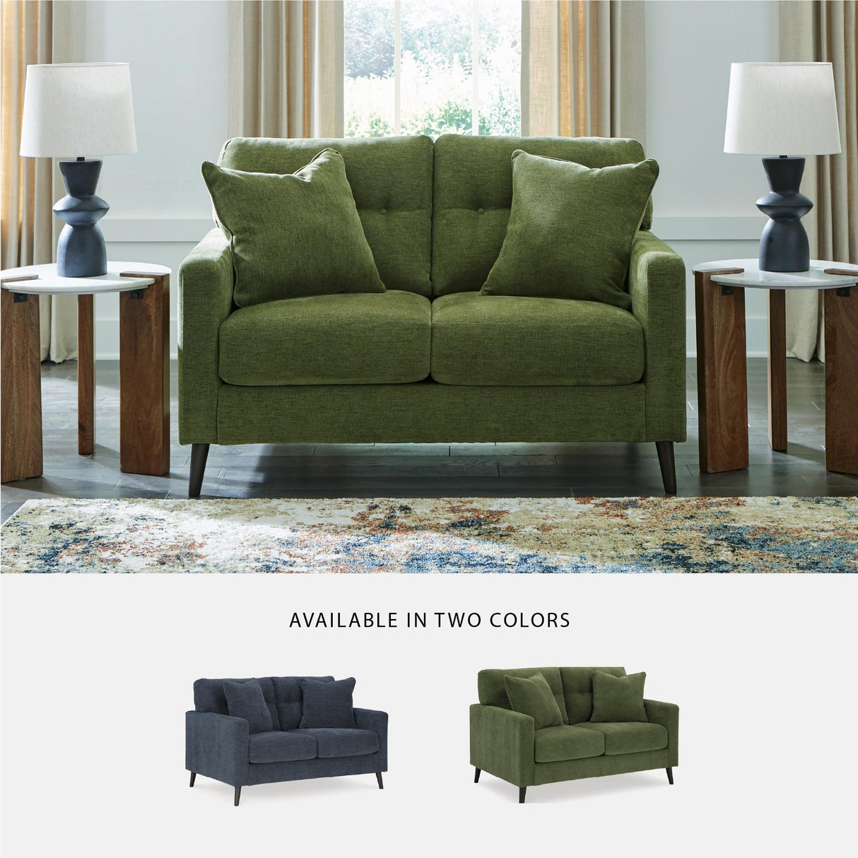 Signature Design by Ashley Bixler Mid-Century Modern Tufted Loveseat with 2 Toss Pillows, Green Signature Design by Ashley