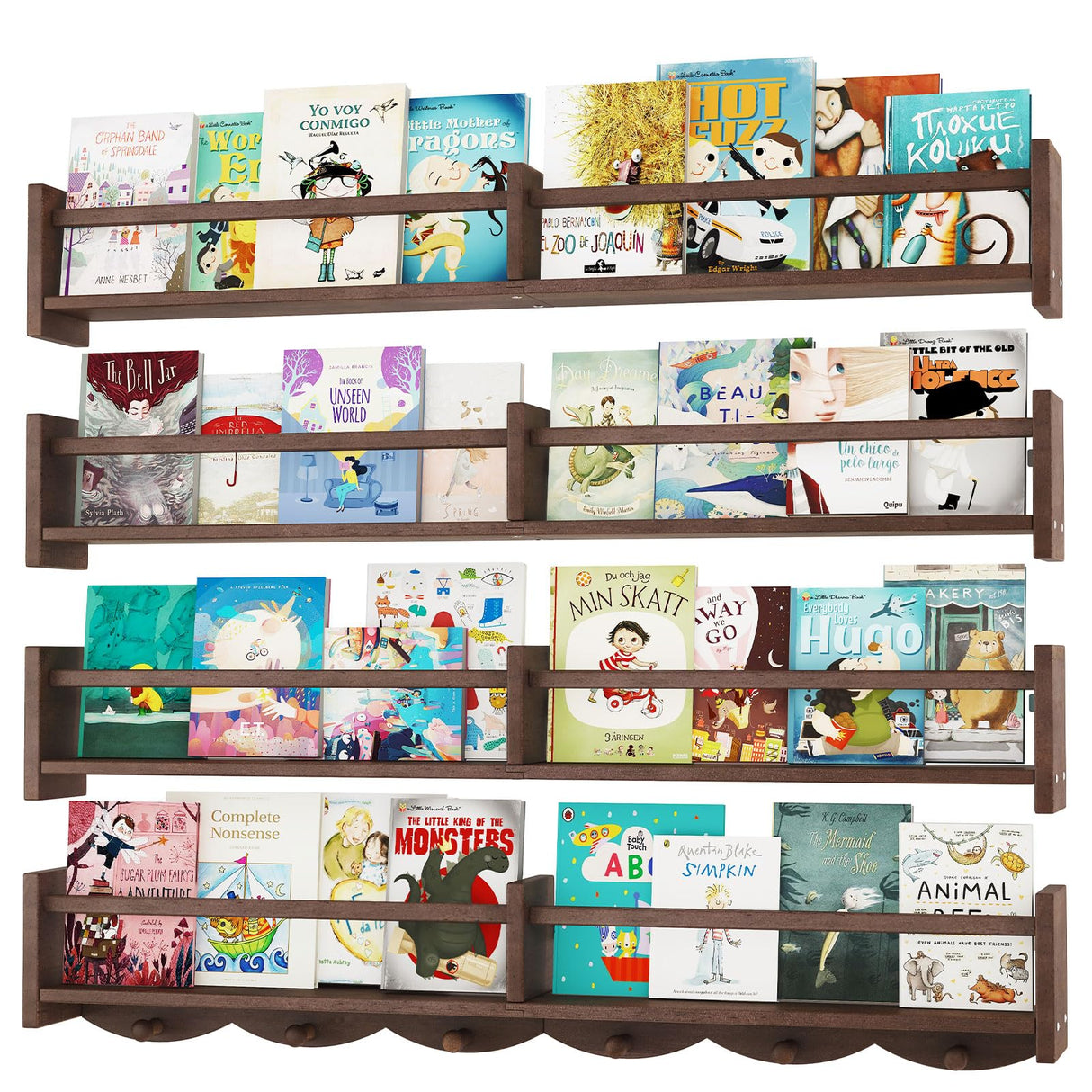 ECOOCE 34Inch Nursery Bookshelves,Set of 4,Wall Floating Shelf Kids Coat Rack with 6Hooks,Hanging Book Shelf for Baby Nursery Room Décor (Dark Brown, 34) ECOOCE