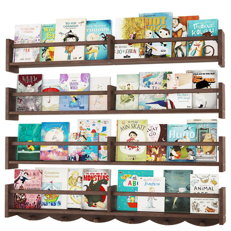 ECOOCE 34Inch Nursery Bookshelves,Set of 4,Wall Floating Shelf Kids Coat Rack with 6Hooks,Hanging Book Shelf for Baby Nursery Room Décor (Dark Brown, 34) ECOOCE