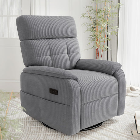 Claiks Power Swivel Rocker Recliner Chair, Oversized Recliner Chairs for Adults, Corduroy Overstuffed Reclining Chair with USB and Type-C Ports for Living Room, Grey Claiks