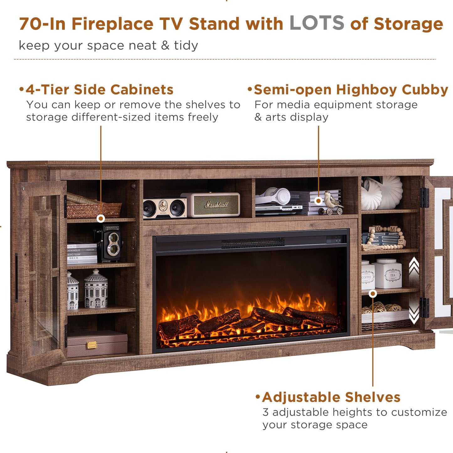 JXQTLINGMU Fireplace TV Stand with 36" Electric Fireplace for 80 Inch TV, Farmhouse 32" Tall Highboy Entertainment Center w/6 Shelves, Modern Media Console w/Storage for Living Room, Rustic Brown