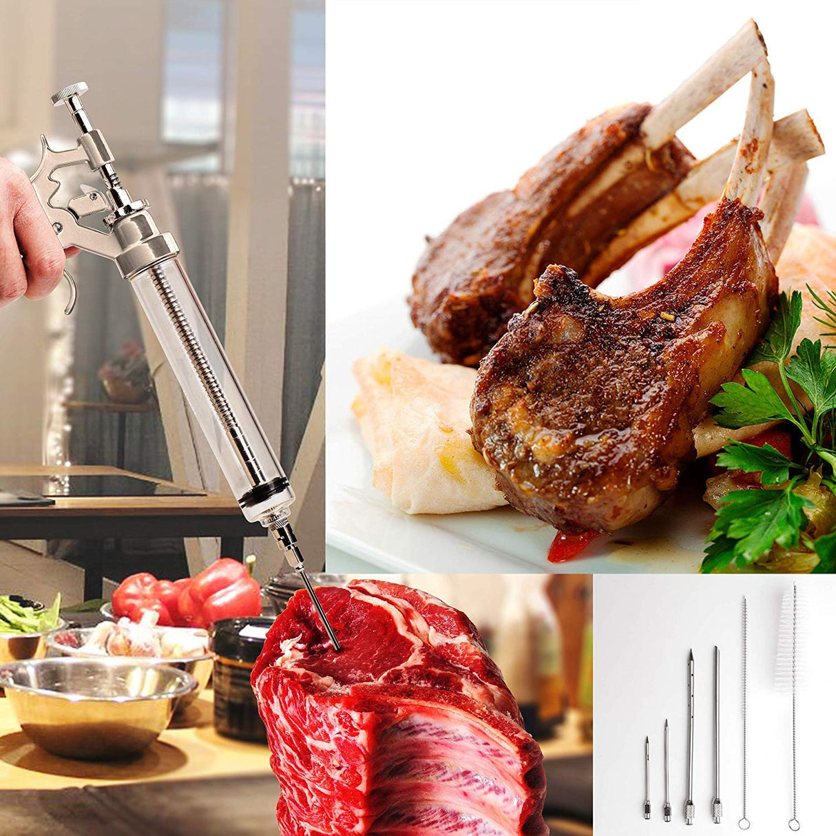 Meat Injector Syringe Stainless Steel Outdoor Meat Kit Marinade Flavor Food Injector Syringes with 3 Marinades Needles Grill Smoker Injectors Professional Syringe Held Culinary Barbecue Tool For BBG Milagroso