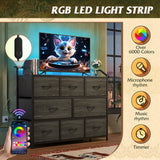 WLIVE Led Dresser for Bedroom, TV Stand for Bedroom with LED Lights and Power Outlet, Wide Chest of Drawers for Hallway, 8 Fabric Drawers for Living Room and Entryway, Charcoal Black Wood Grain Print WLIVE