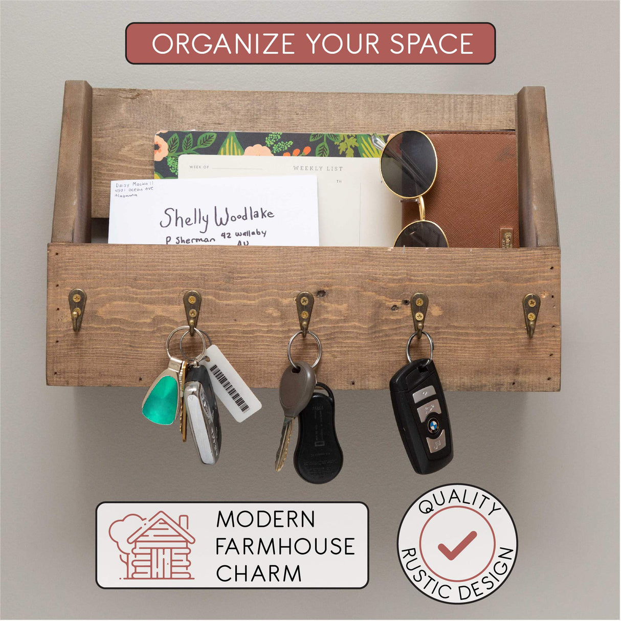 Ilyapa Key Holder for Wall, Farmhouse Mail Organizer Wall Mount, Rustic Wooden Mail Holder, Keys Center with 5 Antique Brass Hooks Ilyapa