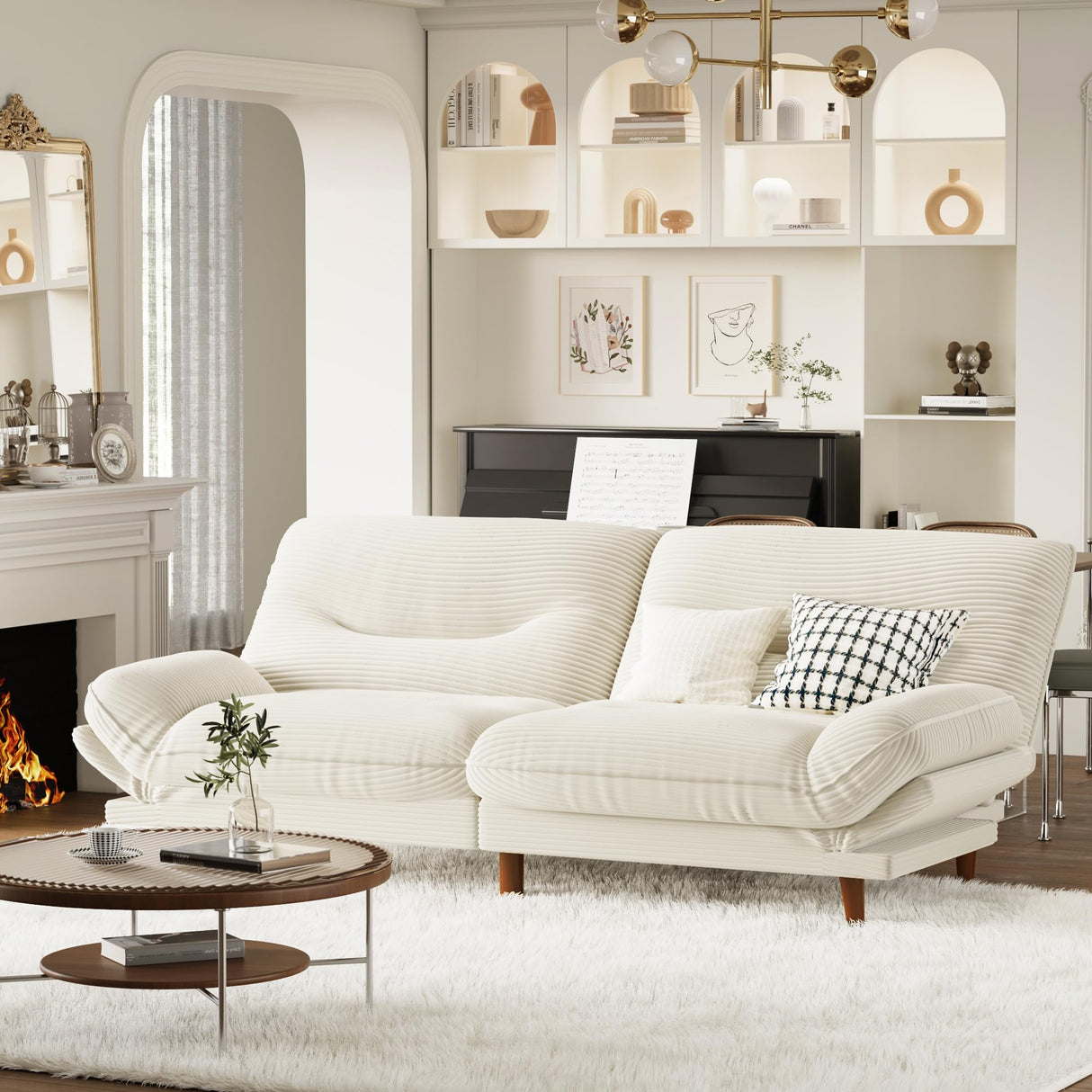 Homall Futon Sofa Bed, Modern Loveseat Futon Couch with Adjustable Backrest and Armrests, Sleeper Sofa Bed with Wood Frame for Living Room, Office, Apartment (Corduroy, White) Homall