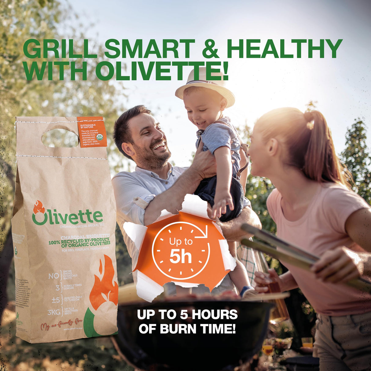 Organic Charcoal Briquettes by Olivette, Reusable Charcoal for Grilling, USDA Certified, Recycled Olive Tree Byproduct, Ready to Light, 6.6 lb. Bag Equal to 20 lb. of a Regular Charcoal, 2-Bag Pack Olivette