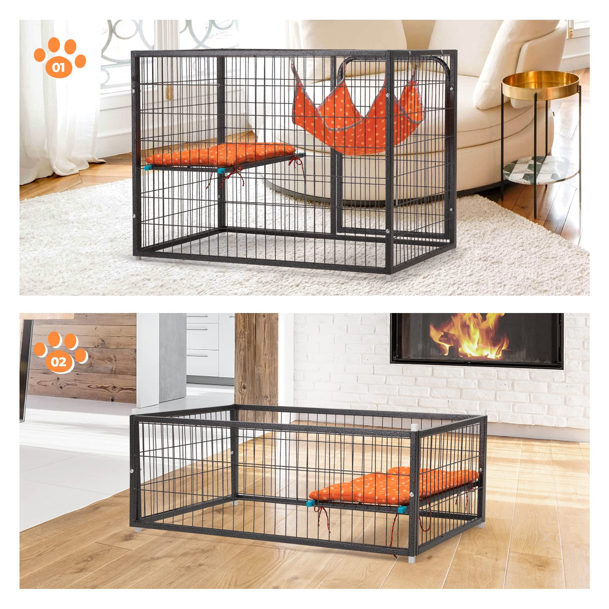 COZIVVOVV Large Cat Cage Indoor, 4-Tier Cat Enclosure Indoor with Hammock Bed, Cat Crates with 2 Ladders, Durable Wire Mesh Catios for Cats, Pet Cages for Cats with Wheels, Black COZIVVOVV