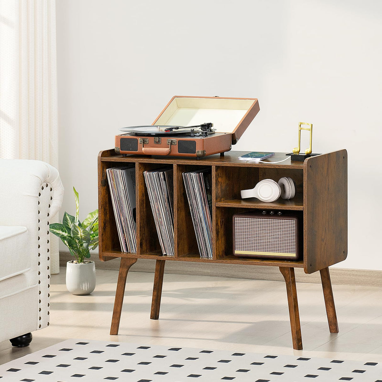 Lerliuo Record Player Stand with Charging Station Holds Up to 220 Albums, Brown Turntable Stand with 4 Cabinet, Large Mid-Century Record Player Table,Vinyl Holder Storage for Bedroom Living Room Lerliuo