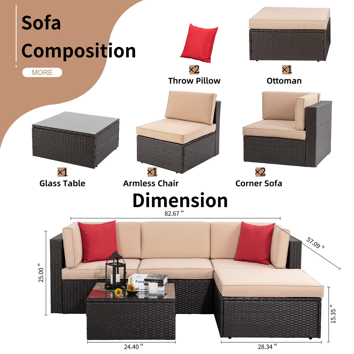Shintenchi 5 Pieces Patio Furniture Sets Outdoor All-Weather Sectional Patio Sofa Set PE Rattan Manual Weaving Wicker Patio Conversation Set with Glass Table&Ottoman Cushion and Red Pillows Shintenchi