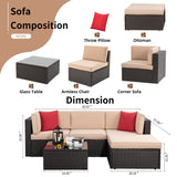 Shintenchi 5 Pieces Patio Furniture Sets Outdoor All-Weather Sectional Patio Sofa Set PE Rattan Manual Weaving Wicker Patio Conversation Set with Glass Table&Ottoman Cushion and Red Pillows Shintenchi