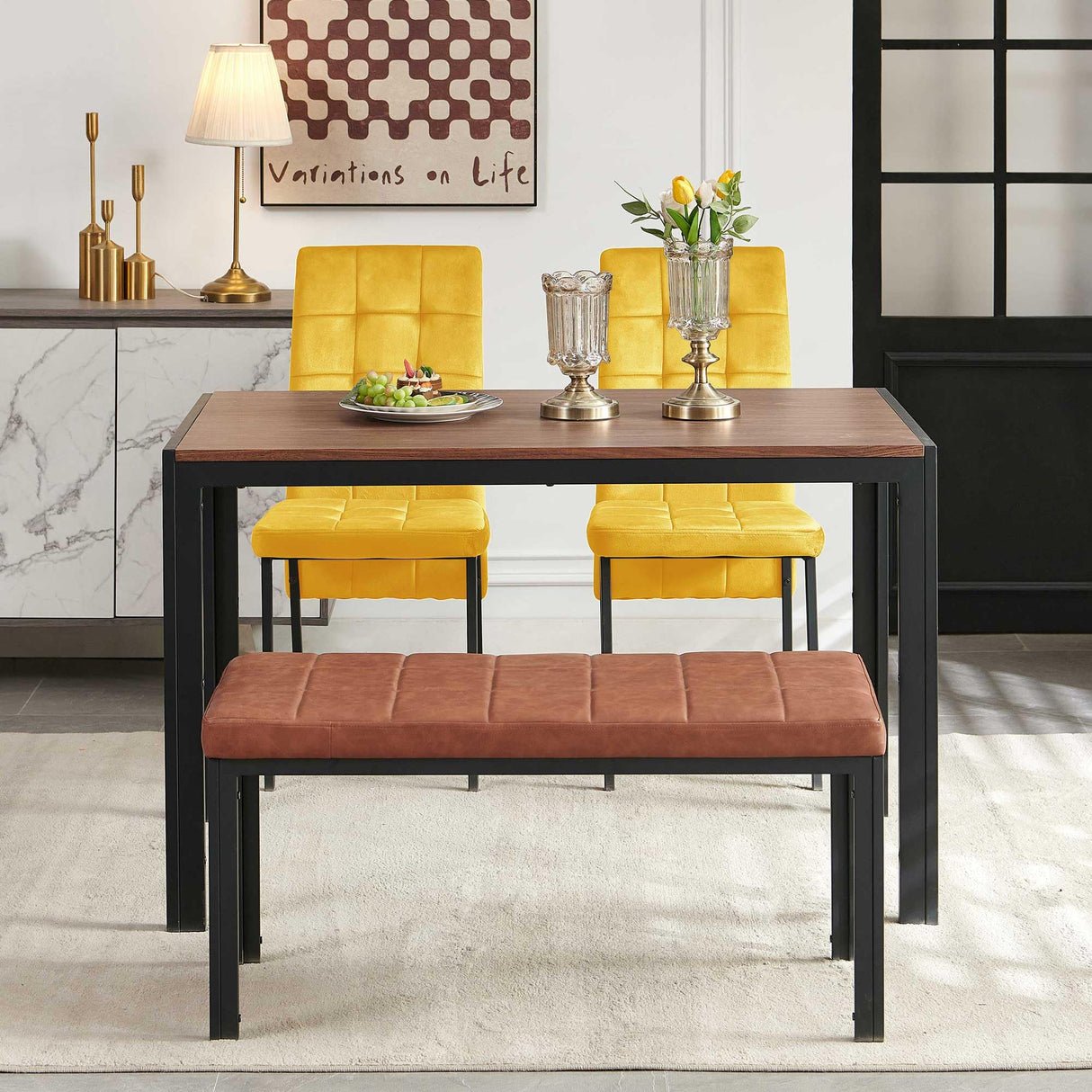 Homedot Dining Table Set for 4, Industrial Rectangle Kitchen Table with Upholstered Chairs and Bench, 4-Person Dining Room Table Set, Breakfast Dinette Set for Small Spaces, Apartment Homedot