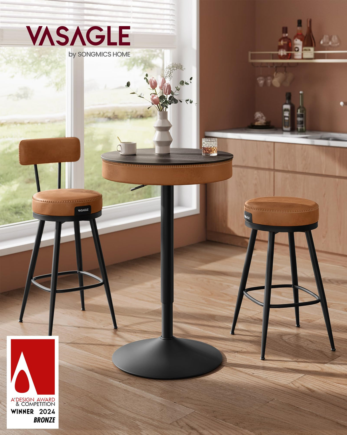 VASAGLE EKHO Collection - Height Adjustable Bar Table, Round High Pub Table with Storage, Synthetic Leather with Stitching, Mid-Century Modern, Kitchen Home Bar, Ash Brown and Caramel Brown VASAGLE