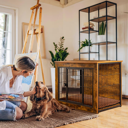 Bigrab Dog Crate Furniture with Thick Cushion, Side End Table Wooden Dog Cage with Double Doors, Chew-Resistant Dog Kennel Dog House Indoor for Small to Large Dog, S