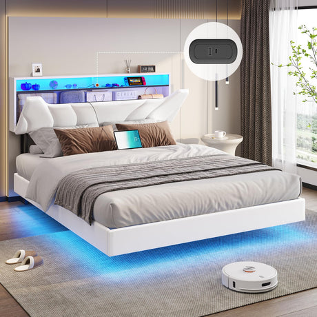 Hasuit Queen Floating Bed Frame with RGB LED Lights & Storage Headboard, Upholstered Platform Bed in White Hasuit