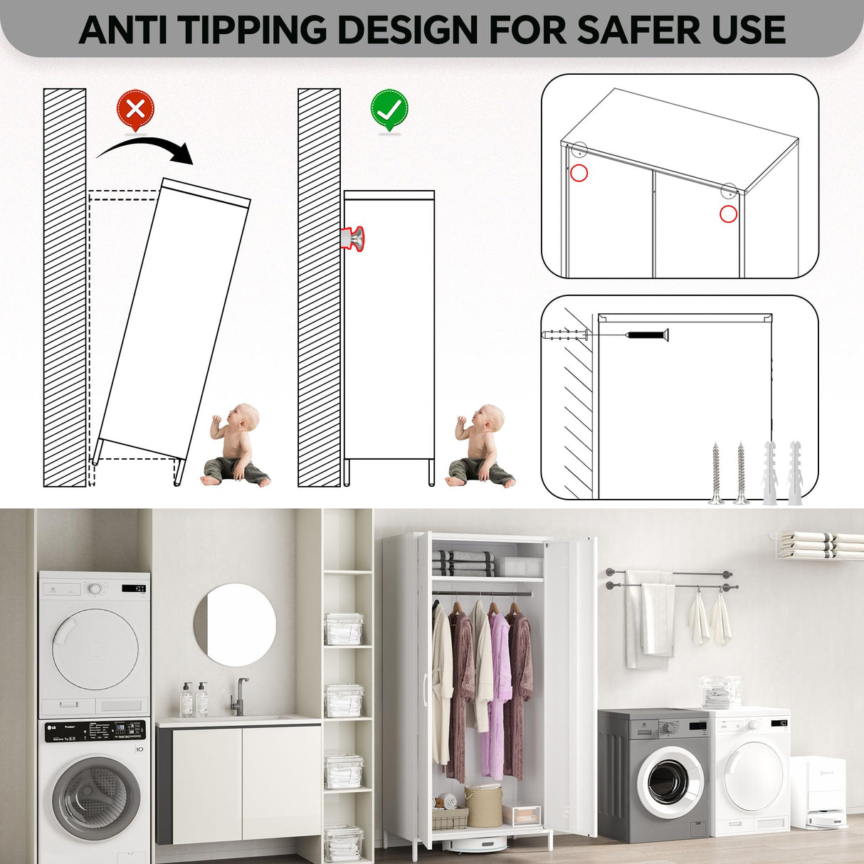 MIOCASA Metal Armoire, Wardrobe Cabinet with Hanging Rod and 1 Shelves Steel Storage Locker Clothes Organizer Closet for Bedroom, Changing Room, Laundry Room, Office MIOCASA